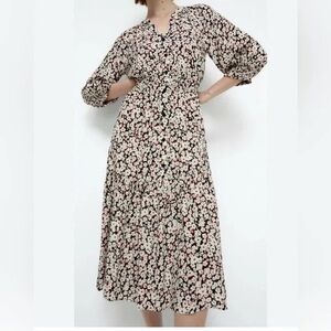 Zara Cream Floral Smocked Midi Dress with Black and Red Accents